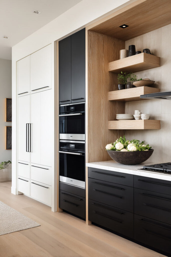 Modern black and white kitchen with sleek cabinetry, light wood open shelves, marble countertop, and built-in stainless steel appliances.