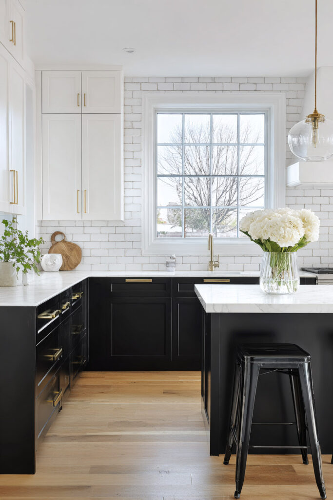 Black and white kitchen with subway tile backsplash, white upper cabinets, matte black lower cabinets, brass hardware, marble countertops, and light wood floors.