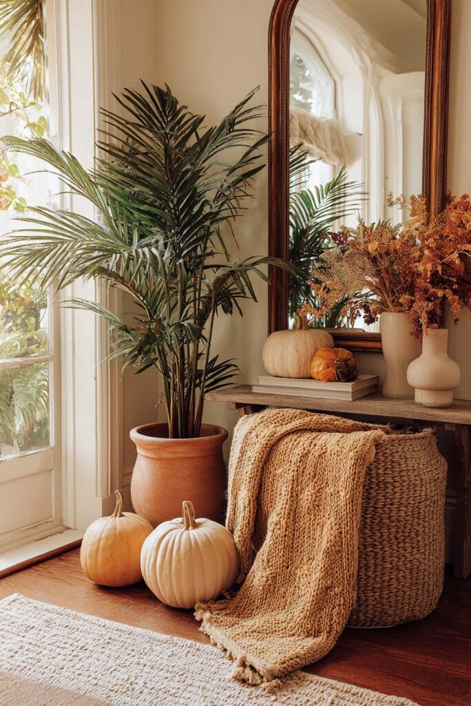 Fall entryway decor with indoor palm plant, pumpkins, dried flowers, woven basket, and cozy blanket creating a warm seasonal look.