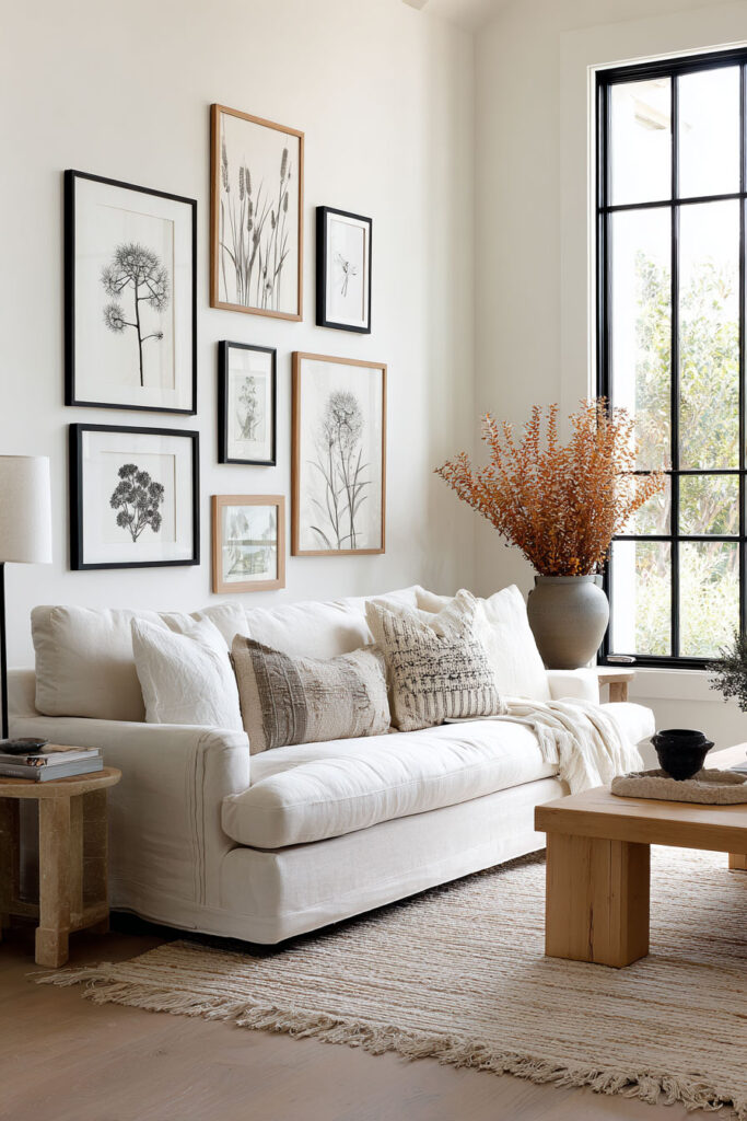 Bright living room with a gallery wall of black and wood frames displaying botanical prints, white sofa with textured pillows, wood coffee table, and large window with sunlight.