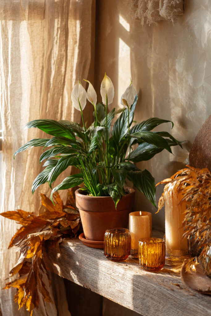 Peace lily in terracotta pot with amber candles and autumn decor in warm natural light.