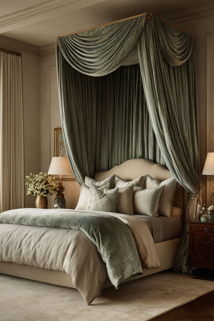 Sage green canopy bed with velvet drapes, neutral bedding, and classic decor for a romantic and elegant bedroom look.