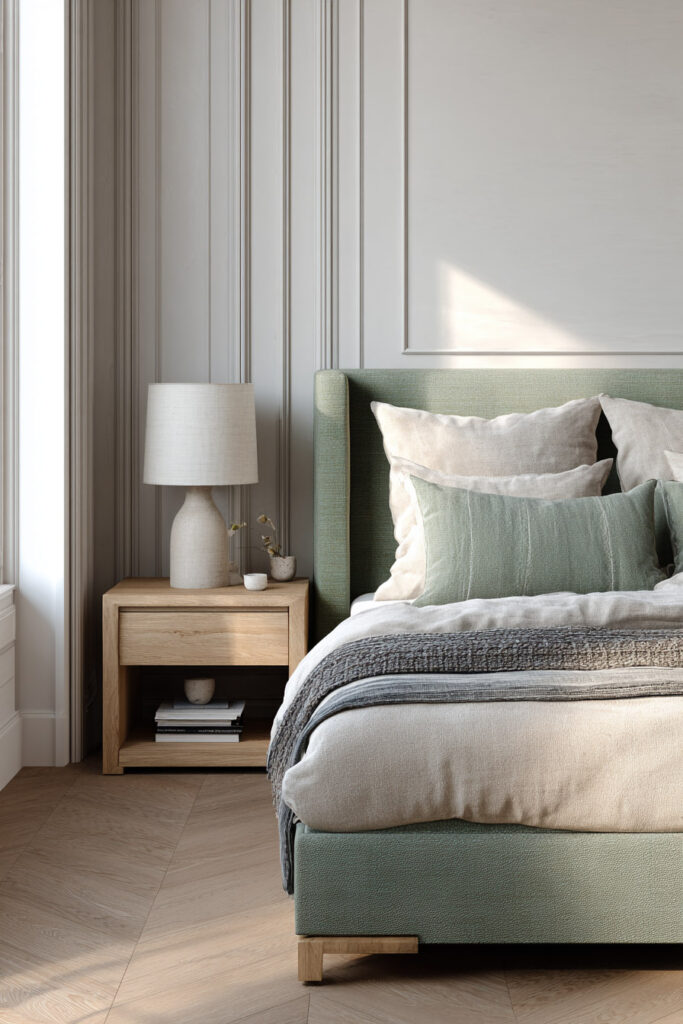 Neutral bedroom with sage green upholstered bed frame, layered bedding, and natural wood accents creating a cozy, modern look.