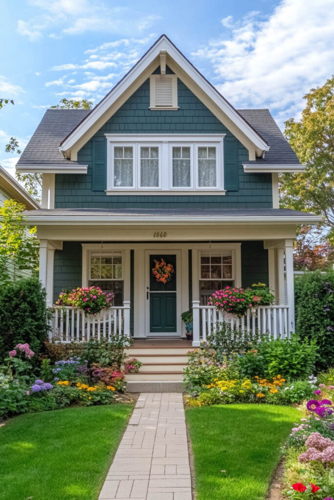 Dark teal-green cottage with white trim, flower-filled front yard, and front porch decorated with planters and a fall wreath.