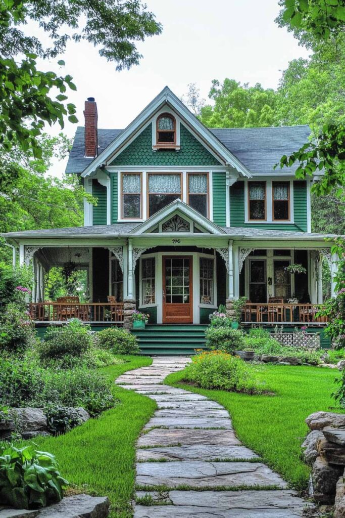 Victorian green farmhouse with wraparound porch, white trim, wood front door, and lush garden landscaping with stone pathway.