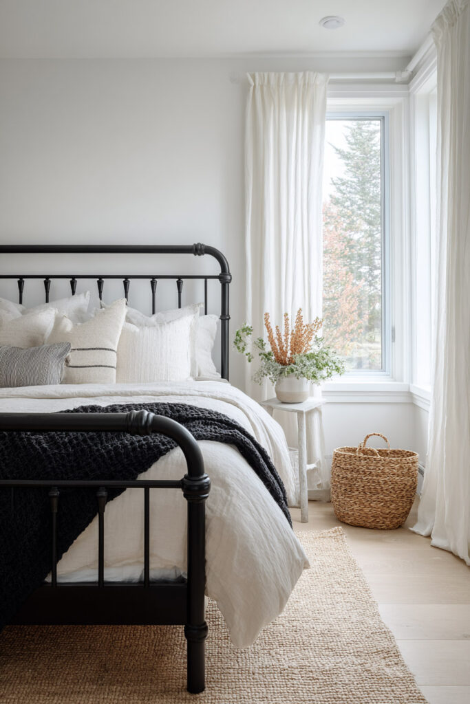Bright black and white bedroom with an iron bed frame, layered neutral bedding, woven rug, and natural light from a large window with white curtains.