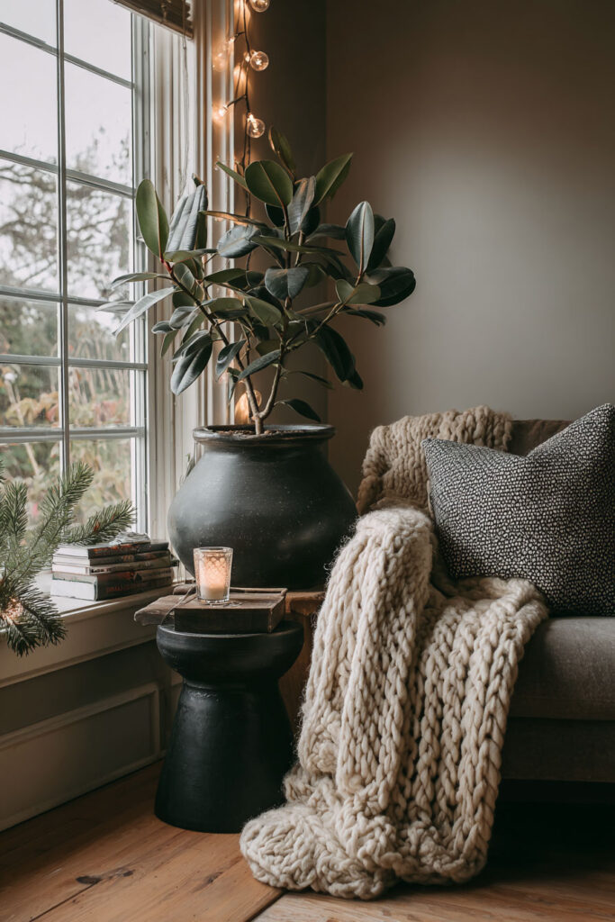 Cozy living room with rubber plant in dark pot beside window, candles, and chunky knit blanket.