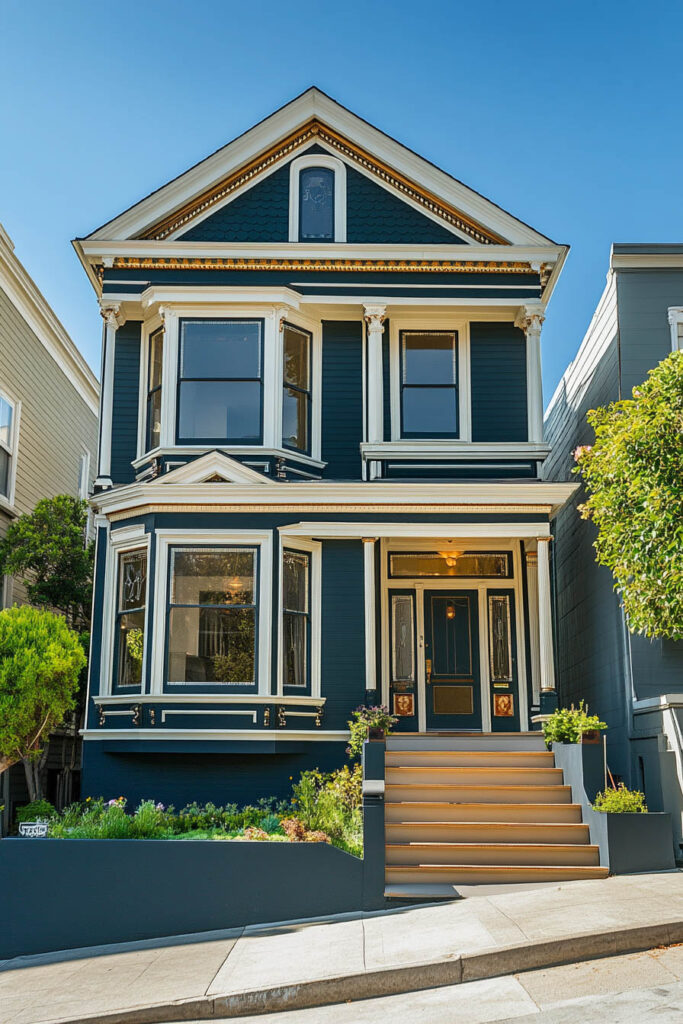 Dark green Victorian house with white trim, gold accents, and tall bay windows on a city street under clear blue skies.