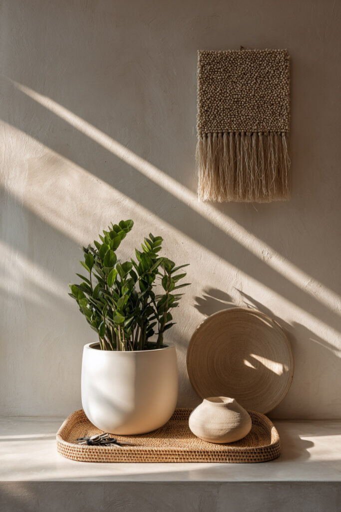 Minimalist corner with ZZ plant in white pot, woven tray, and natural decor elements in soft sunlight for a serene, organic feel.