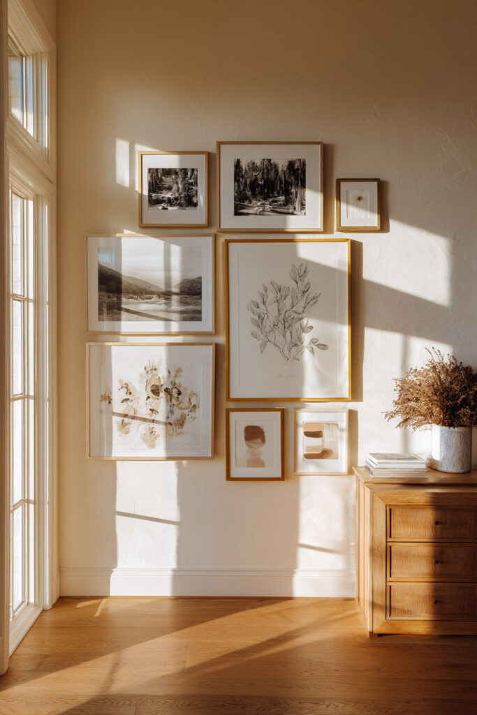 Neutral-toned gallery wall featuring landscape and botanical prints in gold frames above a wood cabinet with dried florals and sunlight streaming through tall windows.