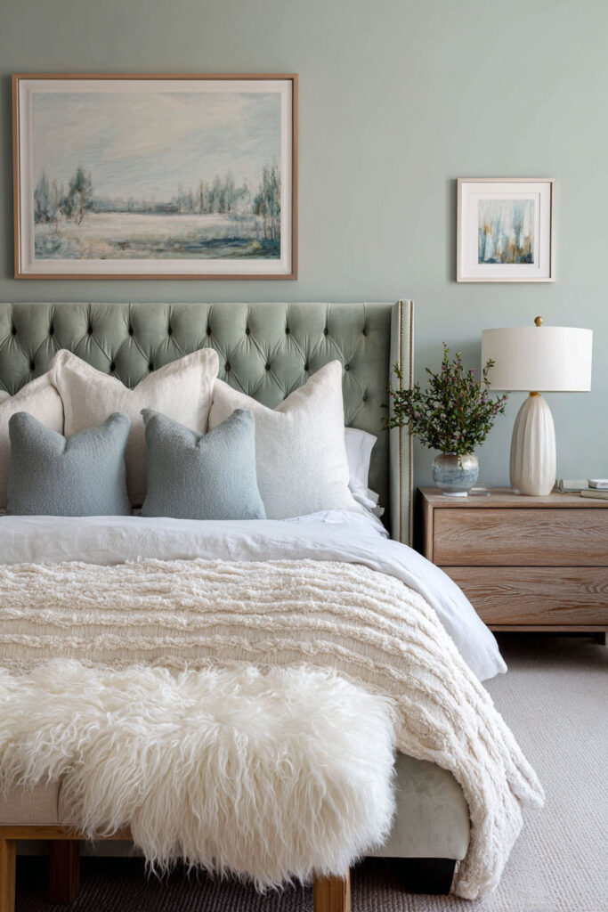 A soft sage green bedroom featuring blush pink bedding, a pastel floral painting, and a mint armchair by a window with natural light streaming in.