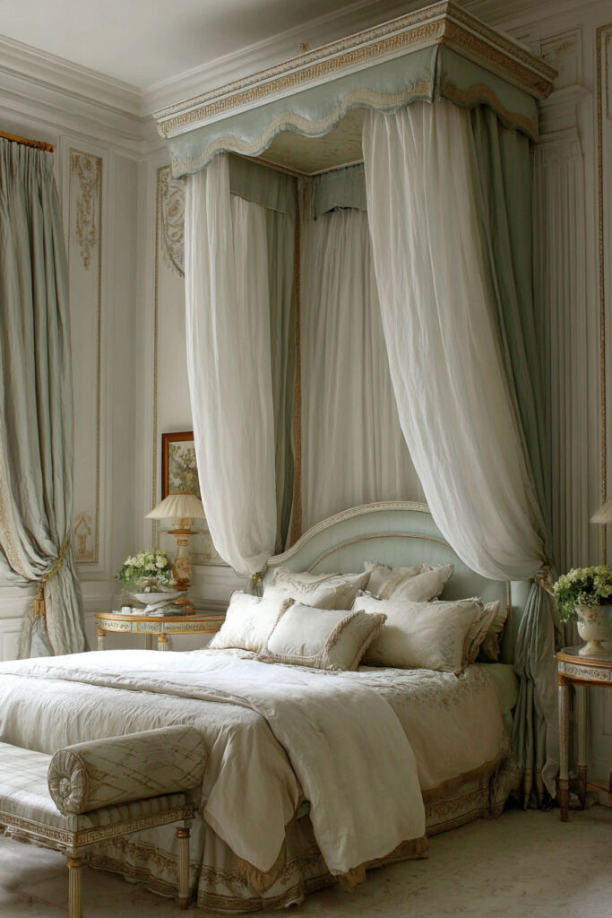 Classic sage green canopy bed with sheer curtains, ivory bedding, and ornate detailing for a romantic vintage-inspired bedroom.