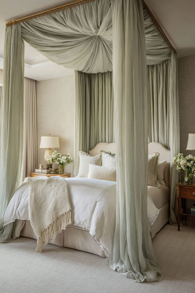 Elegant bedroom with sage green canopy bed, flowing drapery, and neutral bedding creating a romantic and sophisticated atmosphere.