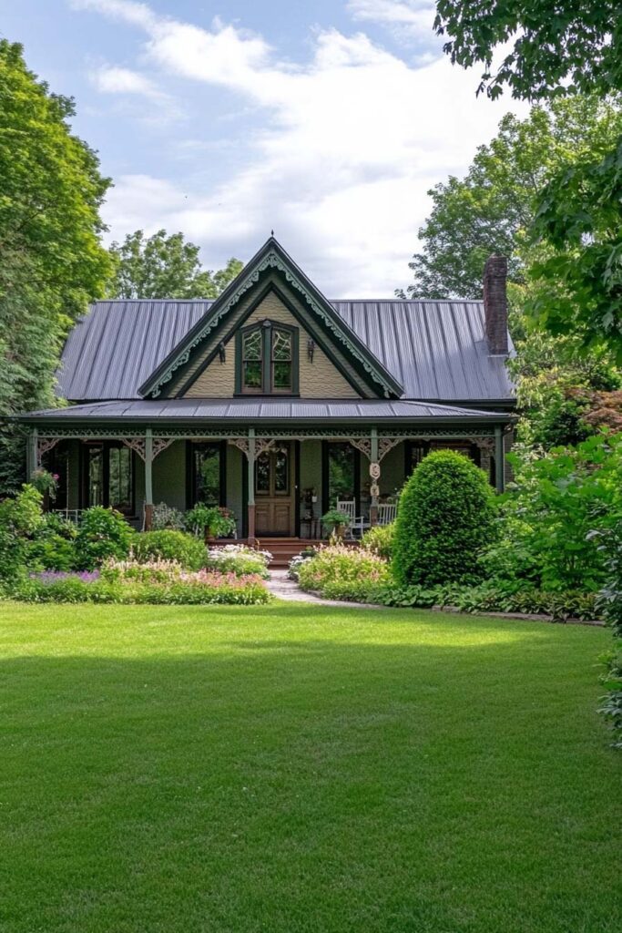 Victorian farmhouse with olive-green exterior, metal roof, wraparound porch, and lush flower garden surrounded by greenery.