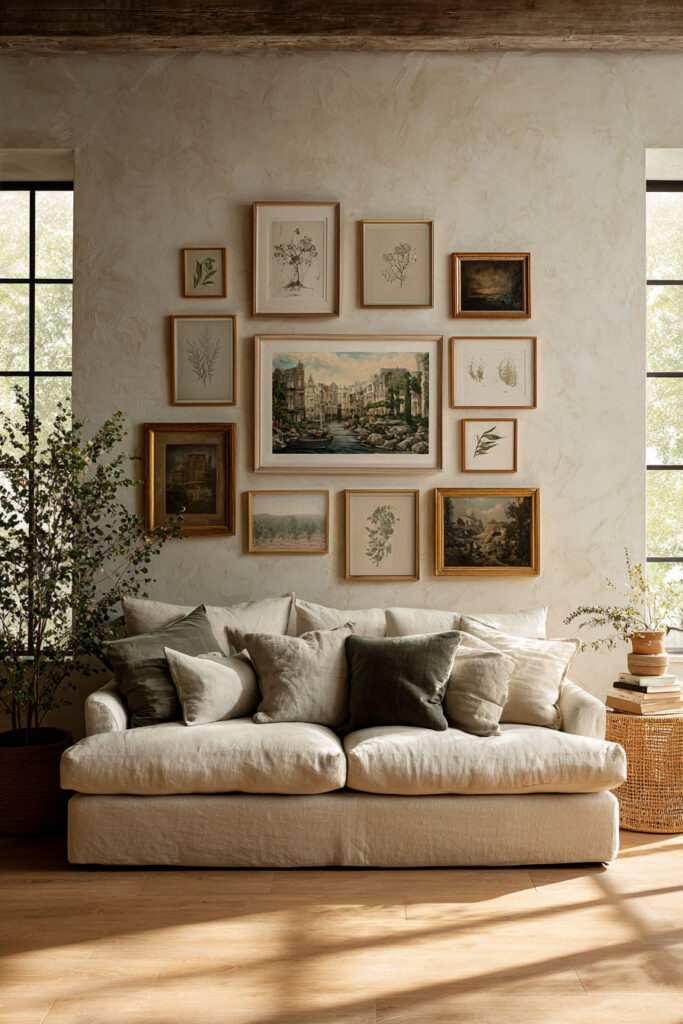 Cozy living room with vintage and botanical gallery wall, gold and wood frames, linen sofa, and earthy green throw pillows.