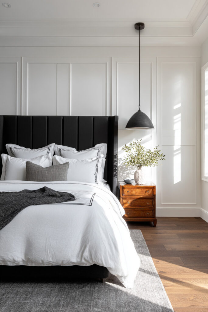 Modern black and white bedroom featuring a tall black wingback headboard, crisp white bedding, wooden nightstand, and pendant light with greenery accent.