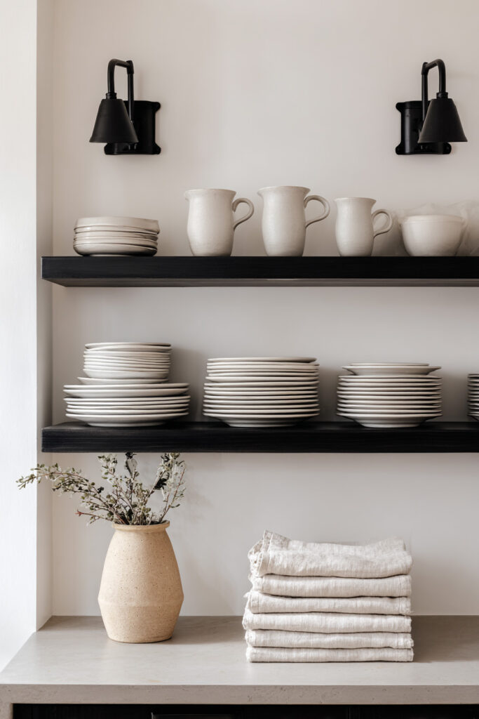 Minimal black and white kitchen shelves with stacked white ceramic dishes, matte black sconces, natural linen napkins, and a neutral vase on a stone countertop.