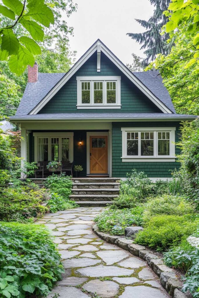 Dark green craftsman cottage with white trim, wood front door, shingle siding, and curved stone walkway surrounded by greenery.