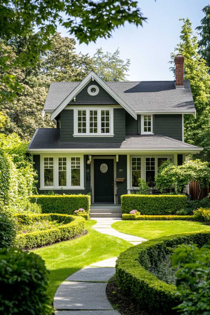 Dark green craftsman home with white trim, gabled roof, and manicured front garden with curved stone pathway and trimmed hedges.