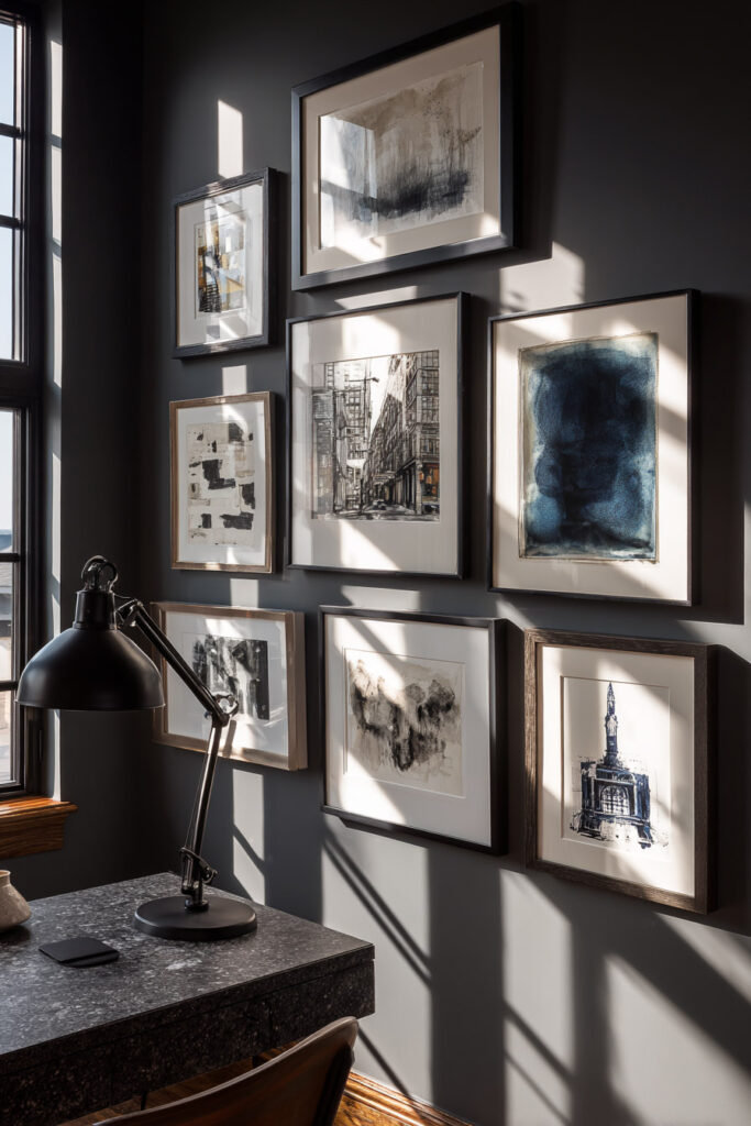 Modern office with dark charcoal walls, gallery wall of black-and-white architectural and abstract artwork in black frames, desk with black lamp, and sunlight streaming through window.