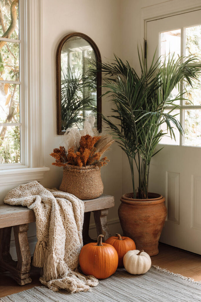 Cozy fall entryway with palm in terracotta pot, pumpkins, knit throw, and warm natural light.