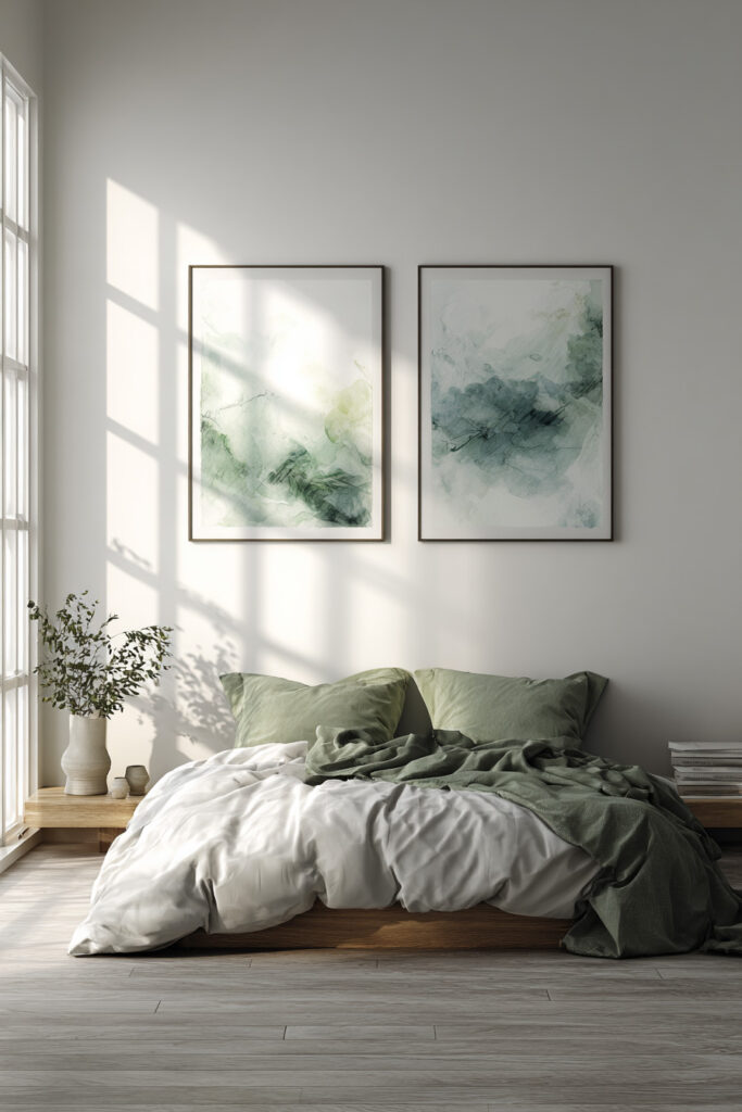 Minimalist sage green bedroom with soft natural light, low platform bed, and abstract wall art for a serene modern style.