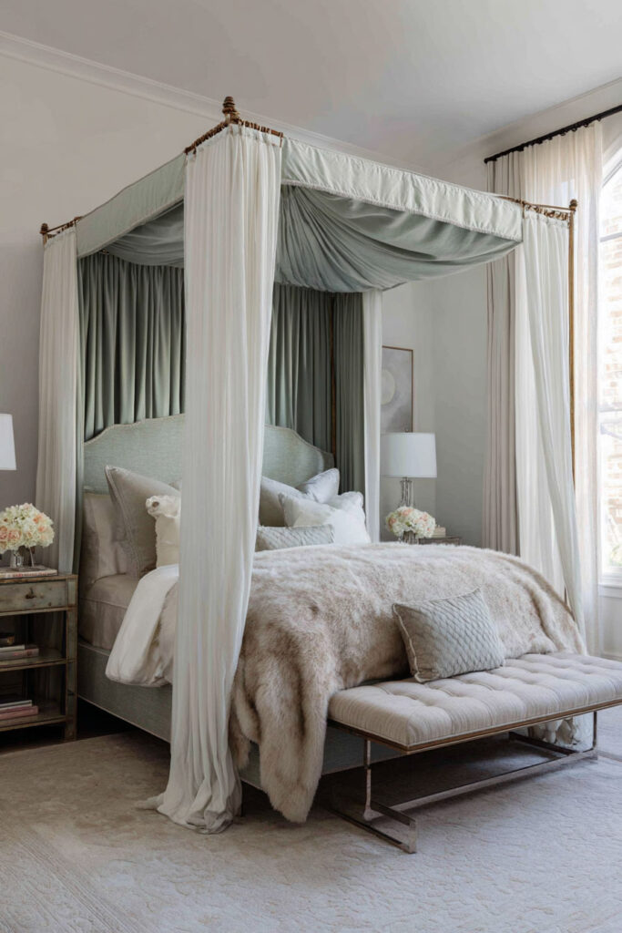 Romantic bedroom with sage green canopy bed, flowing drapery, and soft neutral bedding featuring plush, layered textures.
