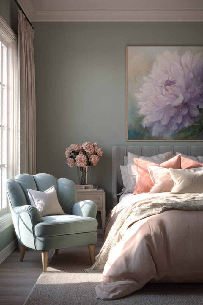 A bright bedroom with sage green bedding, pastel pillows in blush and lavender, minimalist wall art, and a wooden chair beside a sunlit window.
