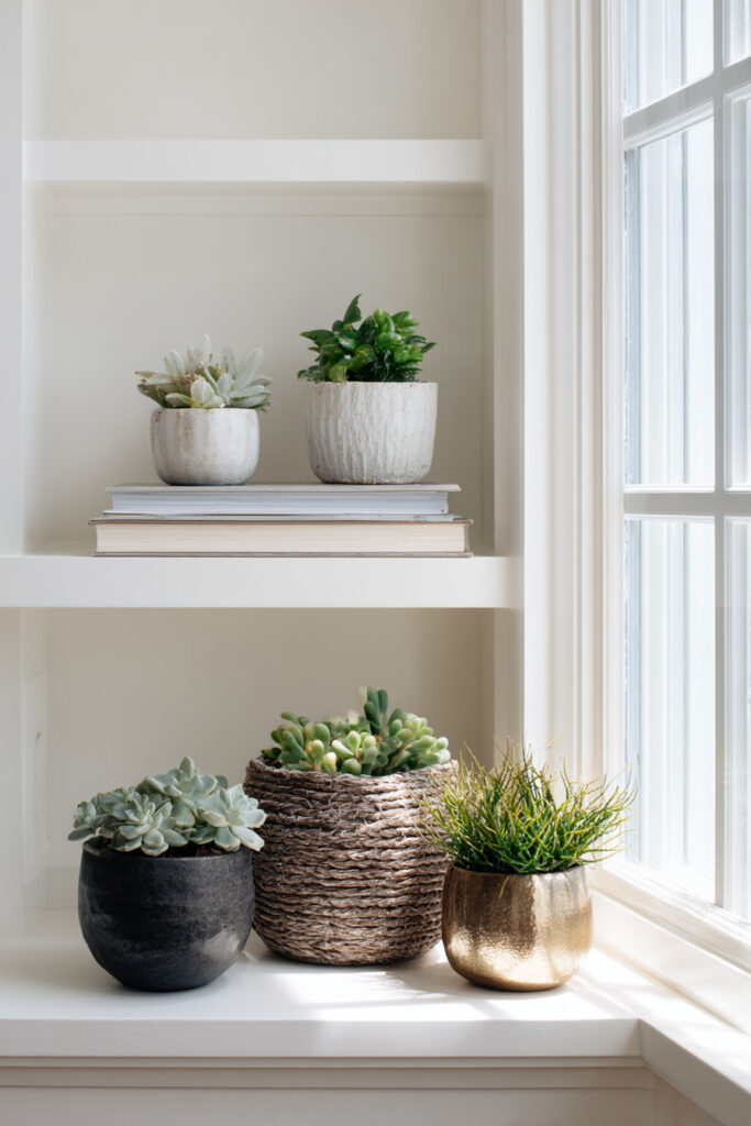 Sunlit shelf with small indoor plants and succulents in mixed planters—ceramic, woven, and gold—creating a fresh, minimalist look.