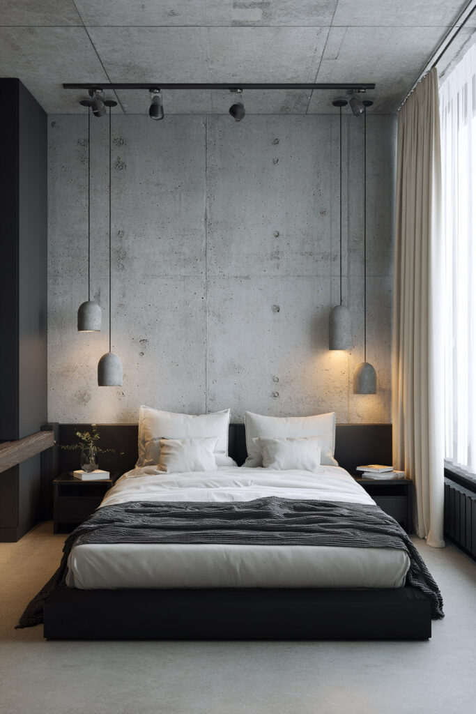 Modern minimalist black and white bedroom with concrete walls, hanging pendant lights, white bedding, and soft beige curtains adding warmth to the space.
