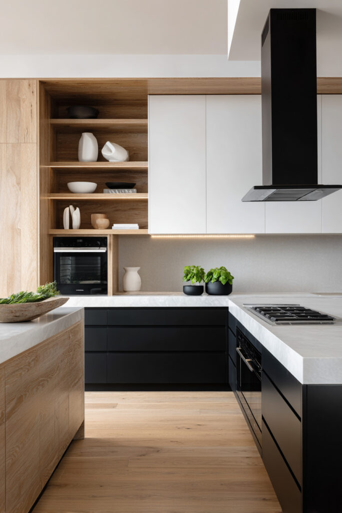 Modern black and white kitchen with matte black lower cabinets, white upper cabinets, oak wood accents, open shelves, black vent hood, and light stone countertops.