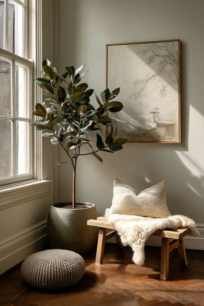 Cozy corner with rubber plant in clay pot beside wooden bench with sheepskin throw and soft natural light.