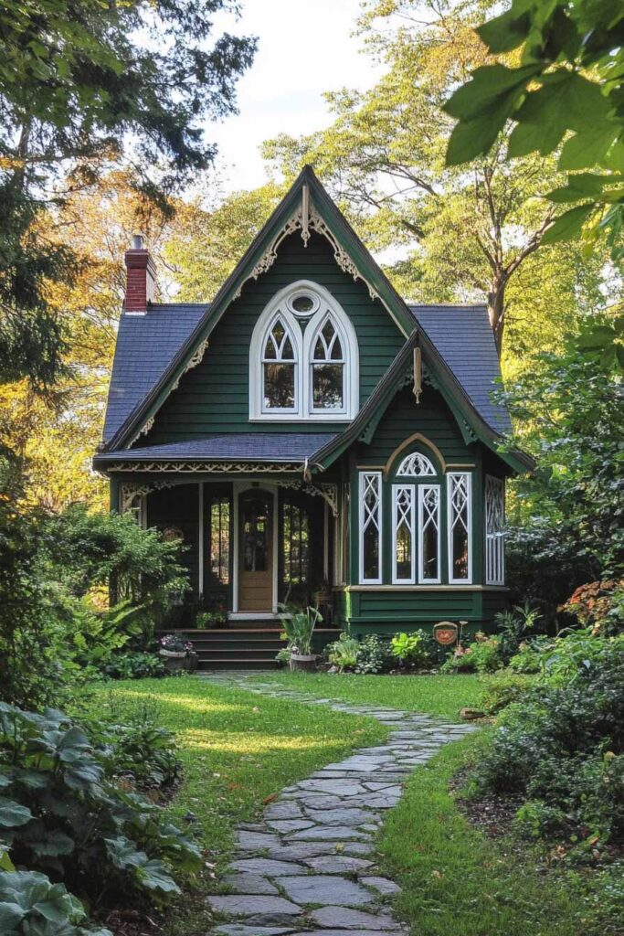 Dark green Gothic Revival cottage with arched windows, white trim, and a stone pathway surrounded by trees and lush garden landscaping.