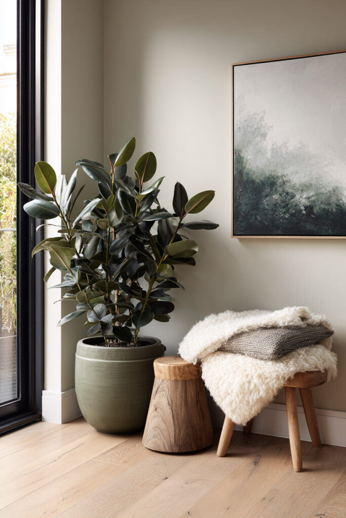 Modern living room corner with large rubber plant in green pot, wooden stools, cozy throws, and natural light for a warm, serene look.