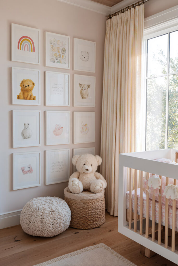 Baby nursery with blush walls, grid gallery wall of watercolor animal and rainbow prints, white crib, large teddy bear, and knit pouf in natural light.