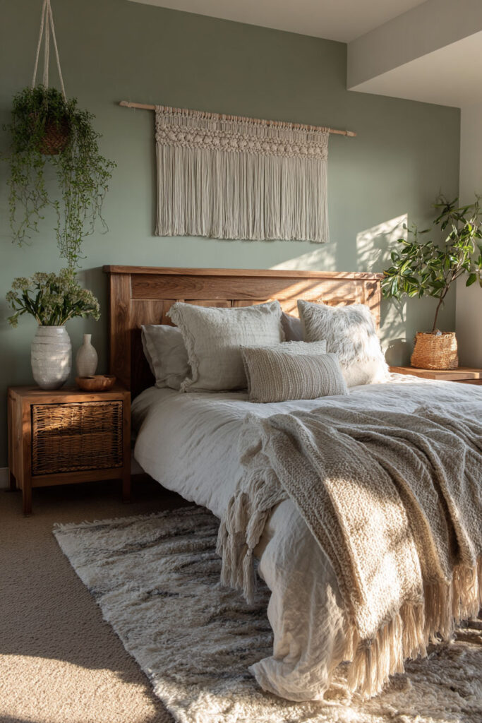 Sage green bedroom with wooden bed frame, macramé wall hanging, and cozy layered textures for a natural boho look.