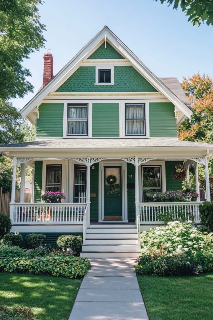 Victorian green house with white trim, front porch, scalloped gable shingles, and flower boxes surrounded by lush garden landscaping.