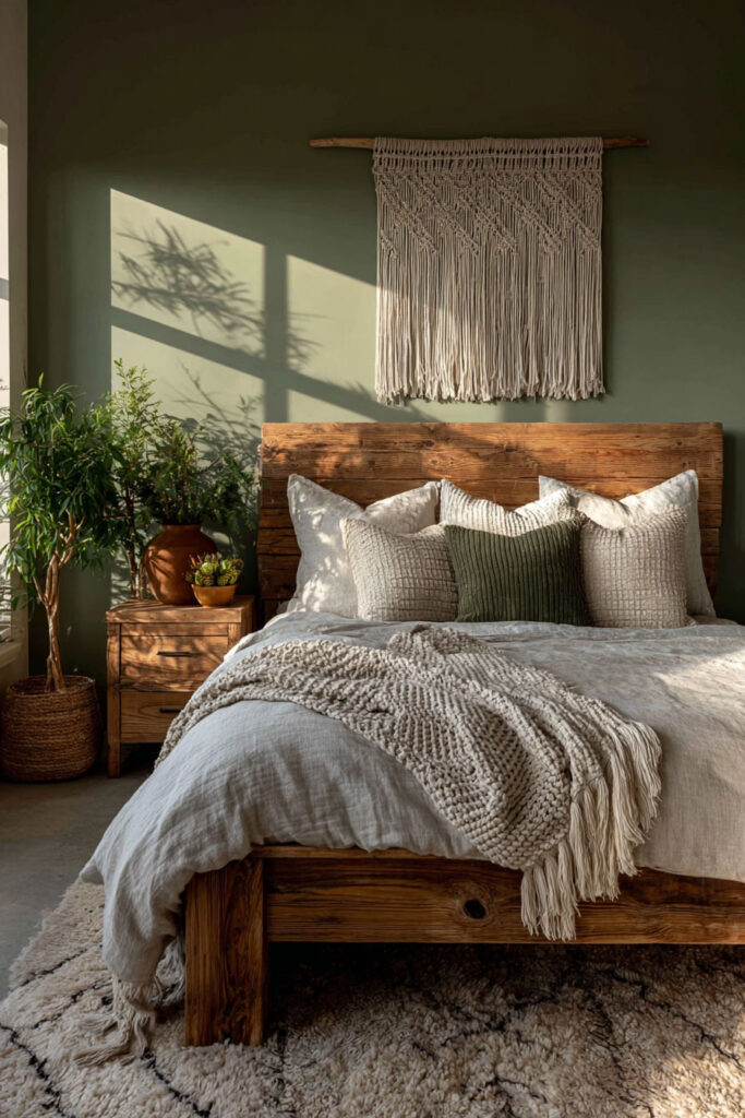 Boho sage green bedroom with macramé wall hanging, wooden bed frame, and sunlight creating a cozy natural vibe.
