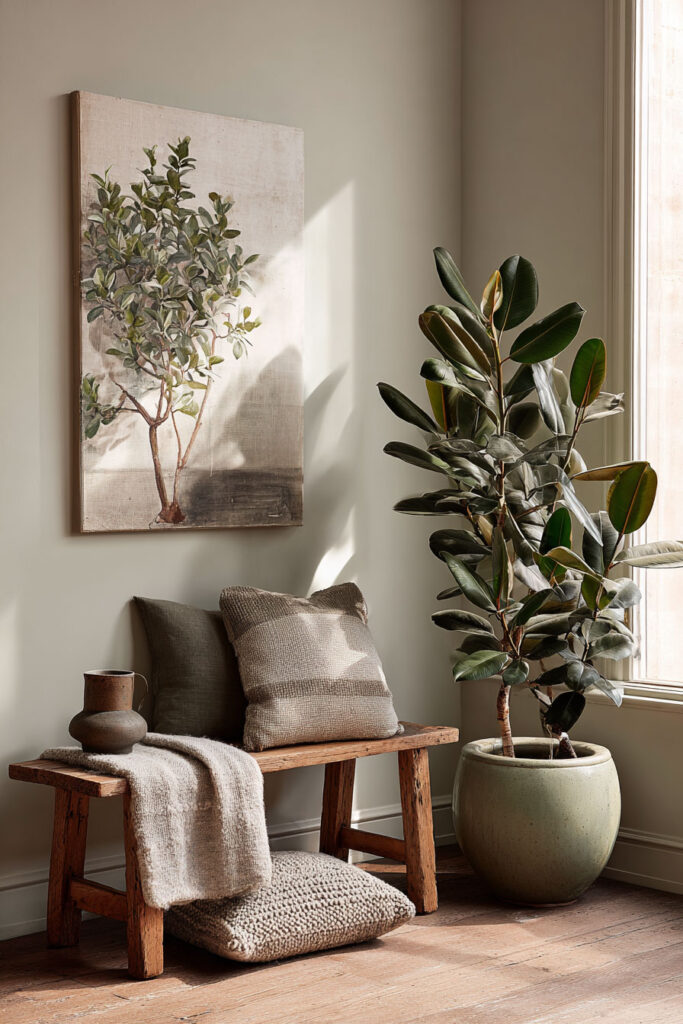 Cozy corner with rubber plant in green pot, rustic wooden bench, neutral pillows, and sunlight creating a warm, inviting atmosphere.