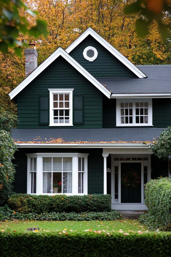 Forest green traditional house with white trim, bay window, and front porch surrounded by fall trees and a manicured lawn.