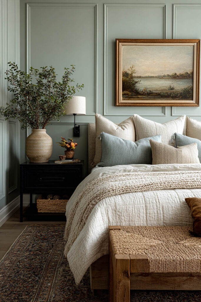Sage green bedroom with paneled walls, vintage artwork, and cozy layered bedding accented by natural wood and woven textures.