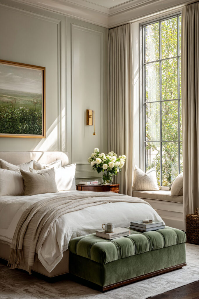  A sophisticated sage green bedroom featuring paneled walls, neutral bedding, a tufted sage green bench at the foot of the bed, and a large window seat with natural light streaming in.