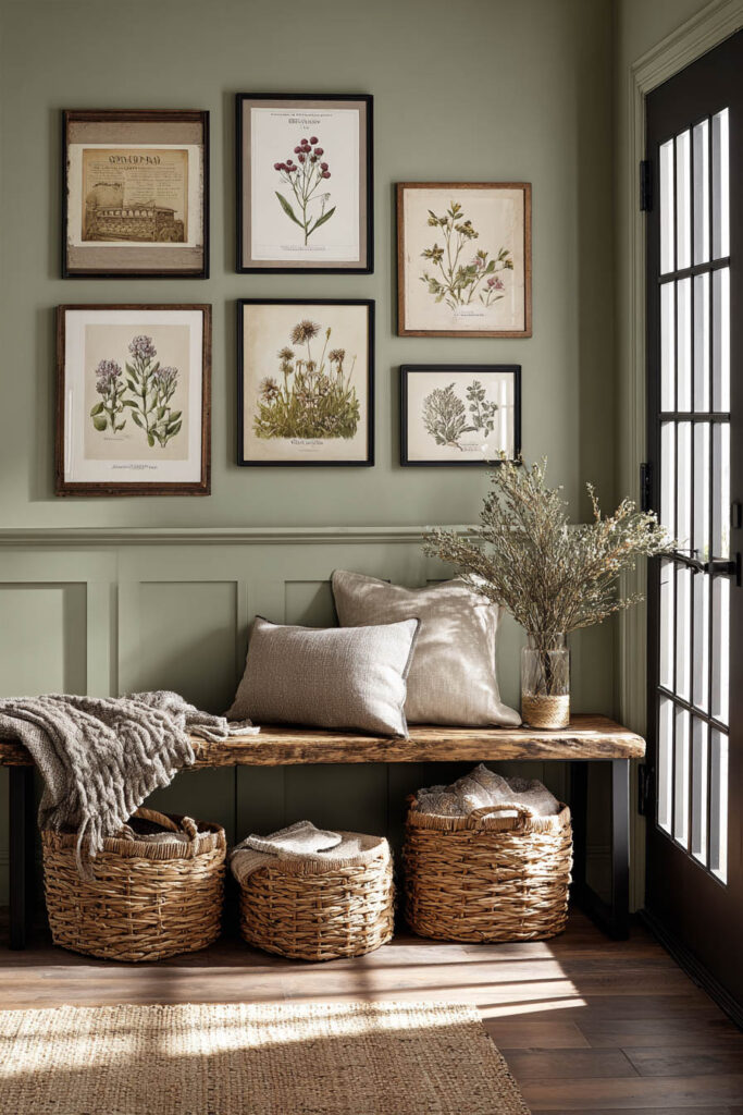 Sage green entryway with vintage botanical gallery wall, wooden bench, woven baskets, and neutral pillows in natural light.