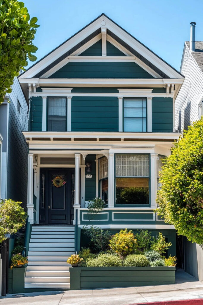 Deep teal-green Victorian house with white trim, black front door, and small garden at the entrance on a city street.