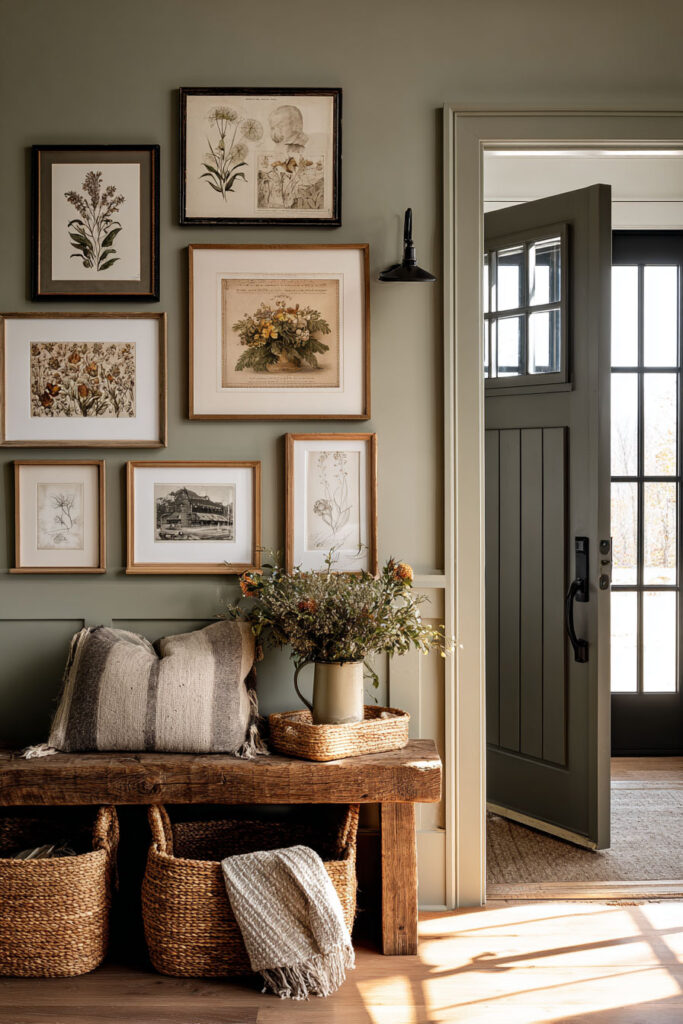 Cozy entryway with sage green walls, vintage botanical gallery wall in wood frames, rustic wooden bench with woven baskets, and floral arrangement in pitcher vase.