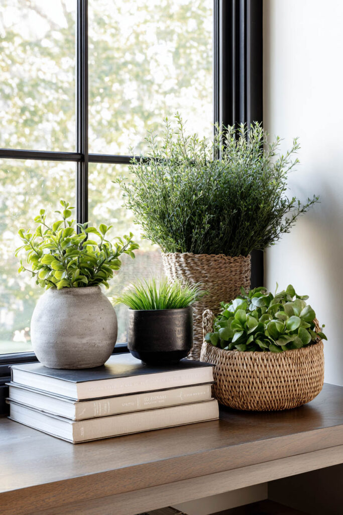 Small indoor plants in woven and ceramic pots on window ledge with books and natural light.