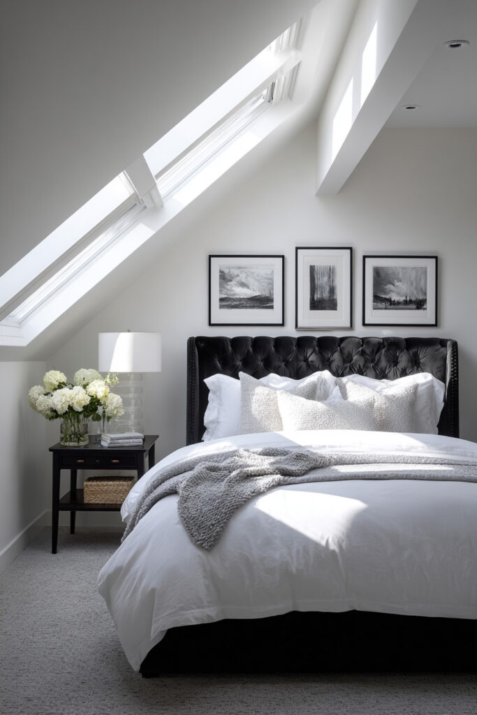 Bright black and white bedroom under a skylight with a tufted black headboard, white bedding, gray throw blanket, and framed monochrome art above the bed.