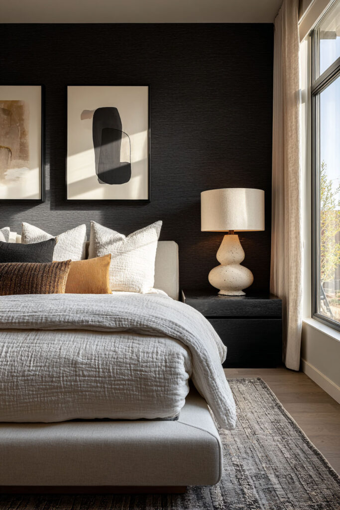 Cozy black and white bedroom with a textured dark wall, abstract artwork, layered linen bedding, and a ceramic lamp on a black nightstand.
