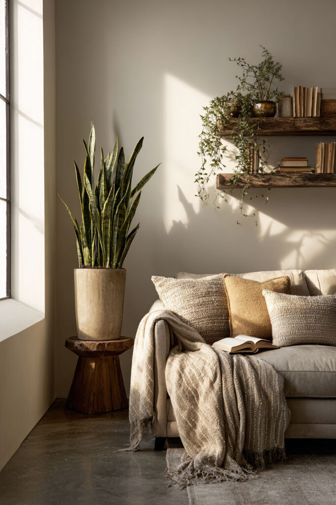 Cozy living room with snake plant, neutral sofa, wooden shelves with trailing greenery, and warm sunlight creating a relaxed, natural feel.