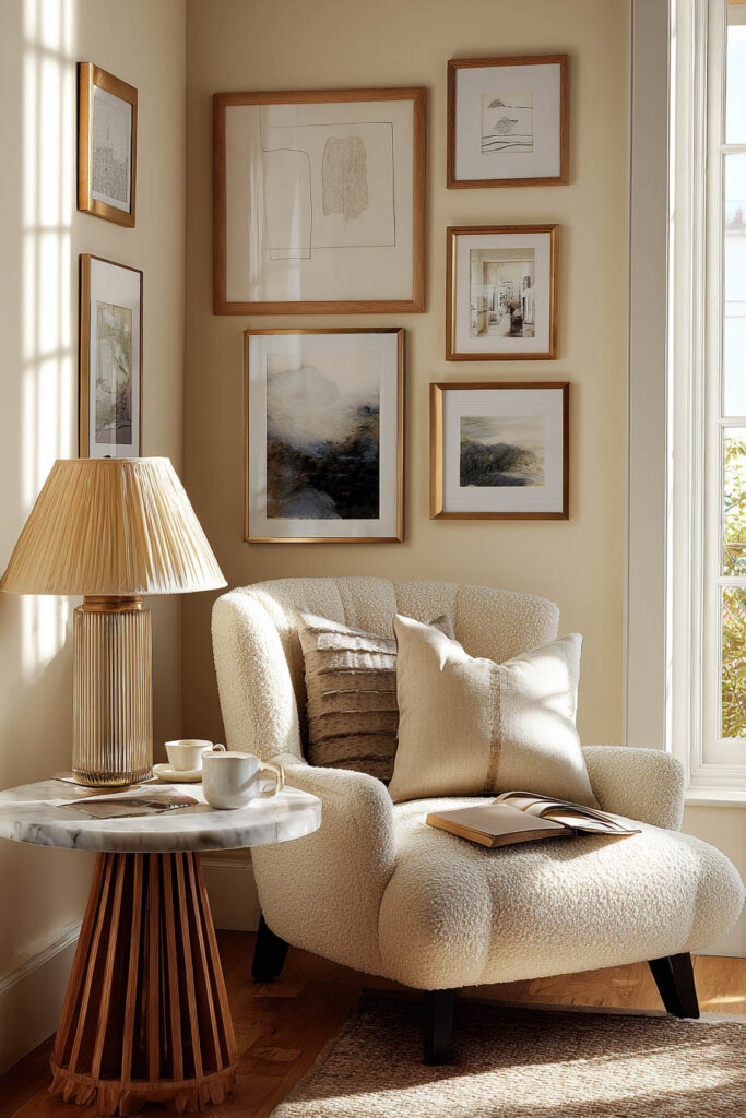 Cozy reading nook with boucle armchair, abstract art gallery wall, marble side table, and warm sunlight through window.